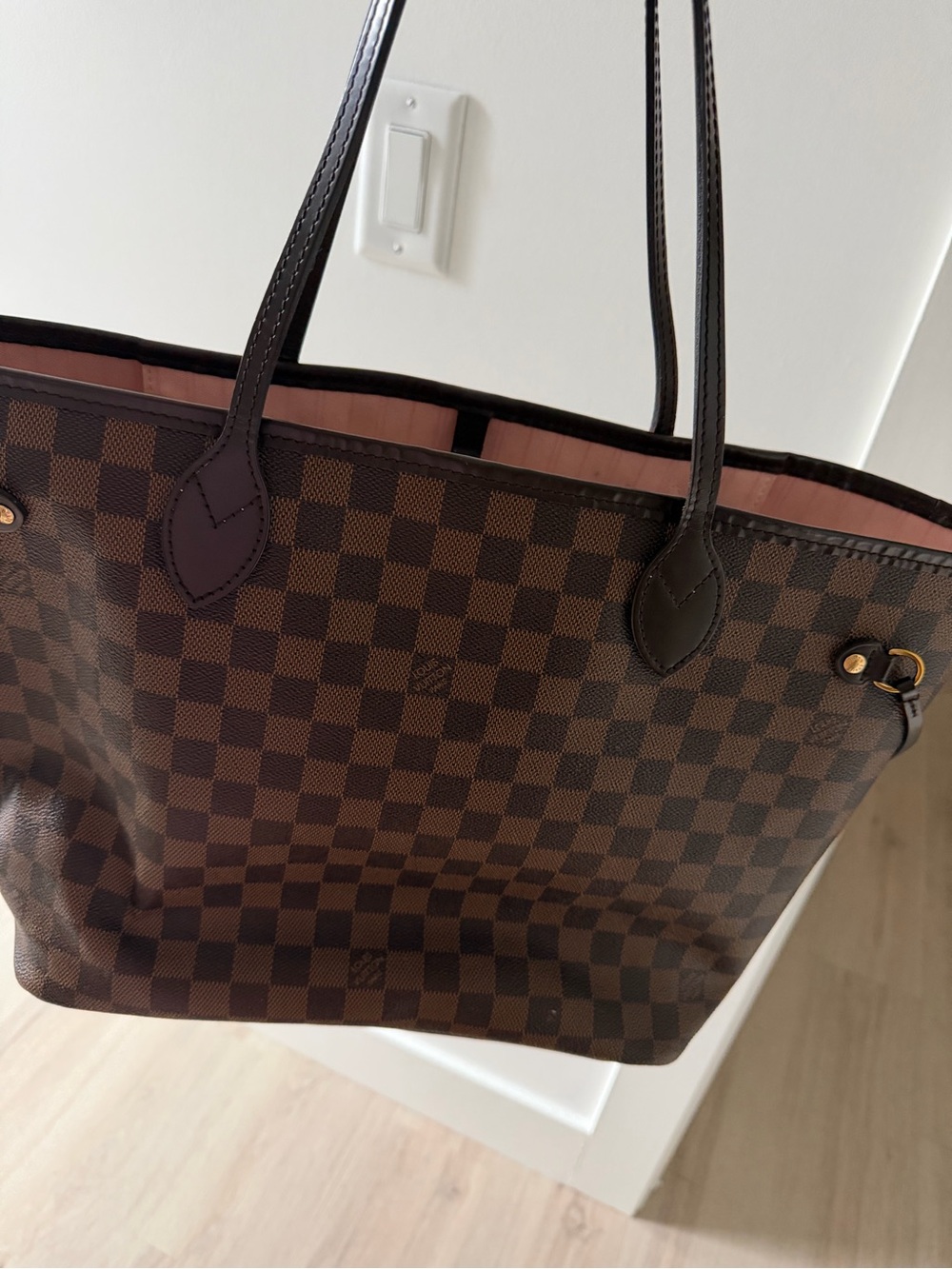 Classic Brown Checkered Tote Bag with Pink Interior